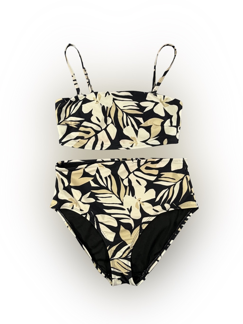 Womens Old Navy Black Bikini w Yellow Cream Leaf Print Top Size S Bottom Size XS
